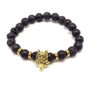 Black Lava Beaded Bracelet with Gold Wolf Charm